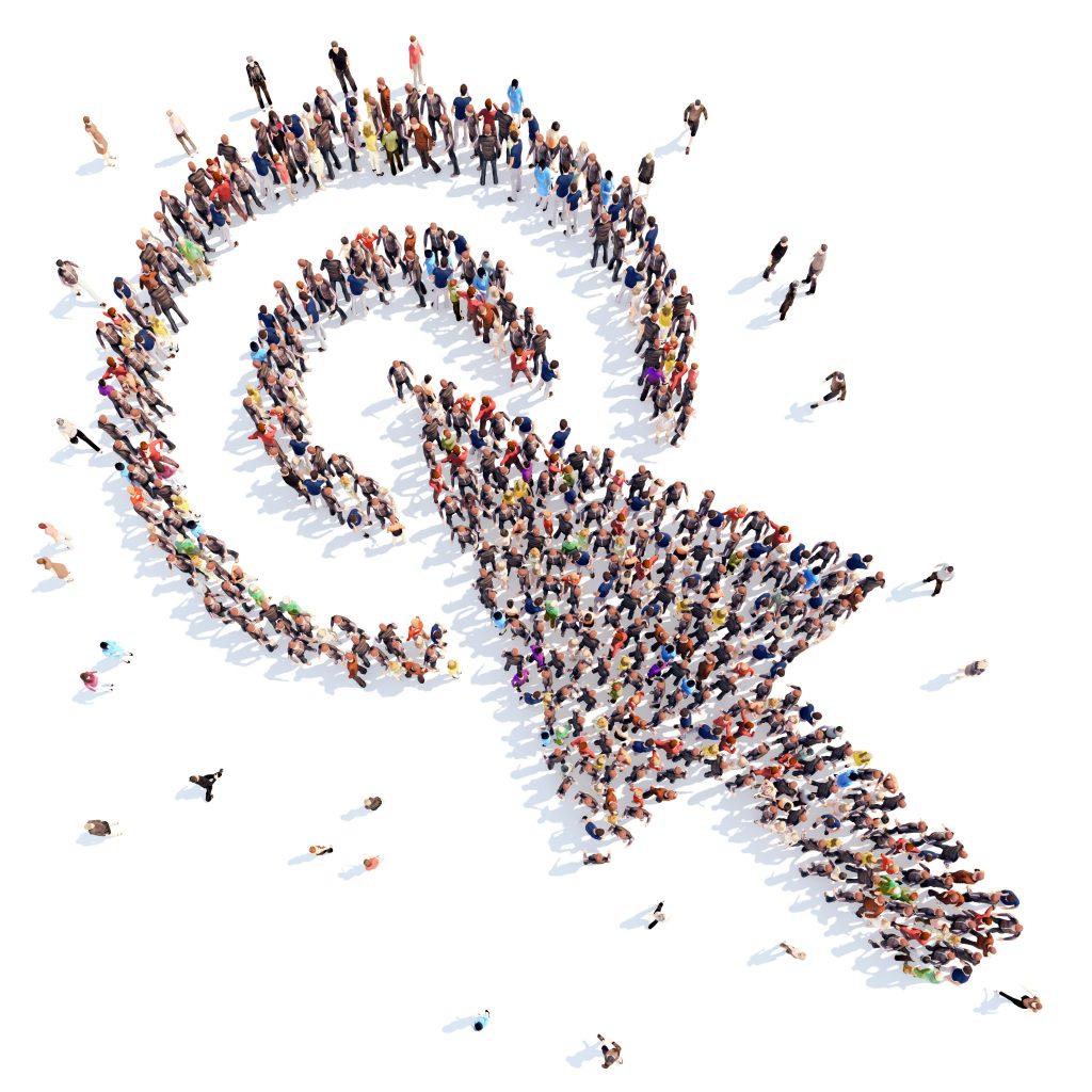 Large group of people in the form of the cursor. Isolated, white background.