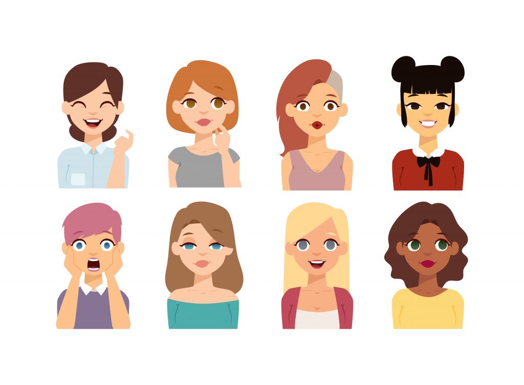 Girl emotion faces cartoon vector illustration. Woman emoji face icons and woman emoji face cute symbols. Woman emoji face happy vector and woman emoji face character symbols. Human expression sign.