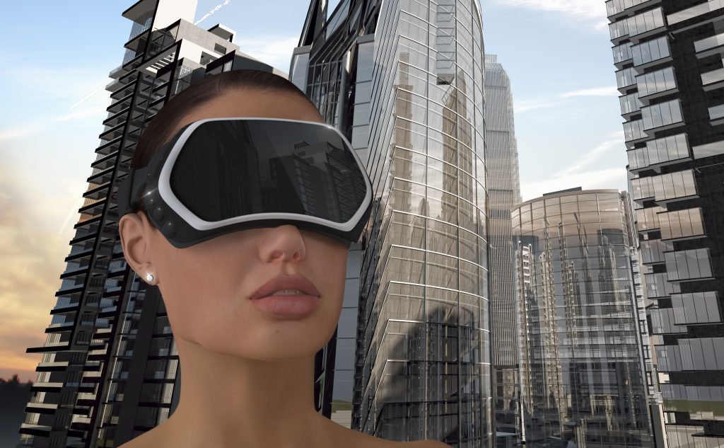 3D Illustration of a Woman wearing a Virtual reality head-mounted display (HMD).
