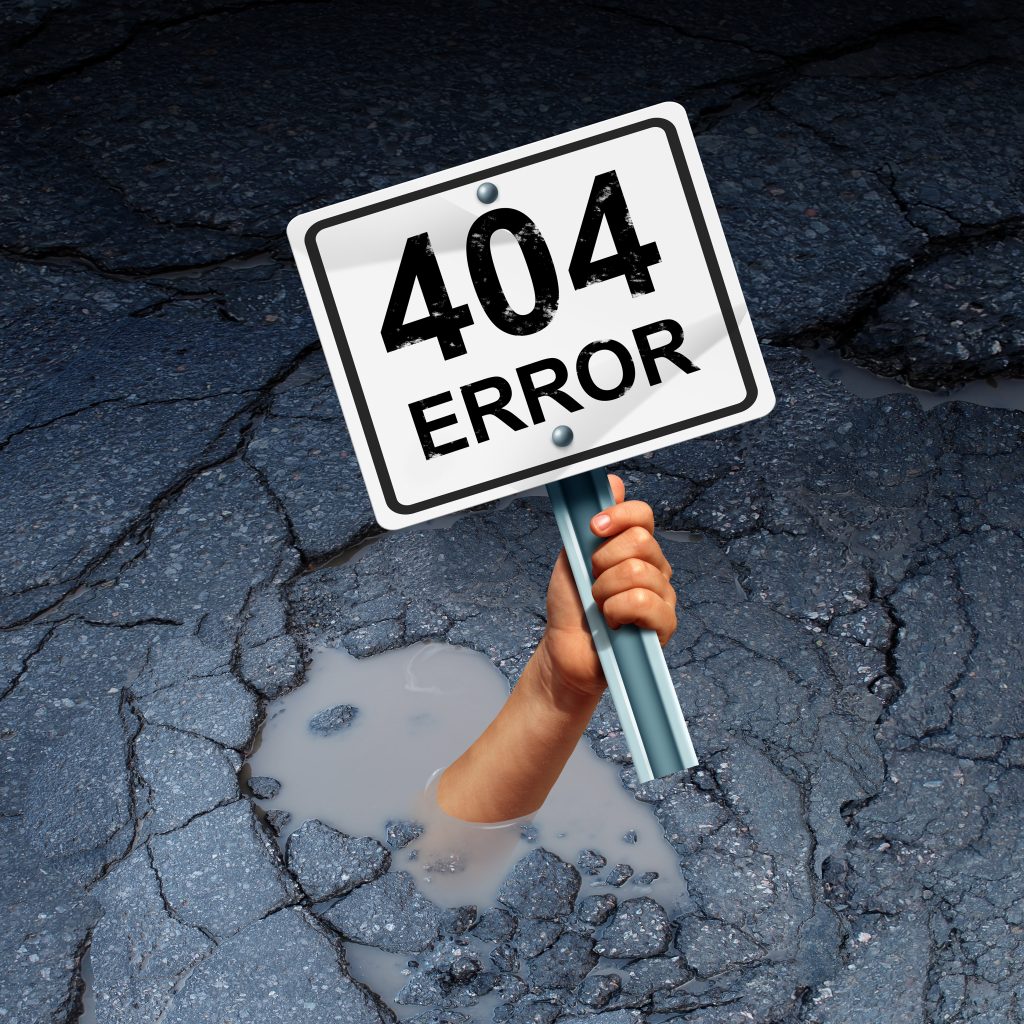 Error 404 page not found concept as an internet technology symbol of technical support for web page failure or search problem as a hand drowning in a hole holding a warning sign 3D illustration.