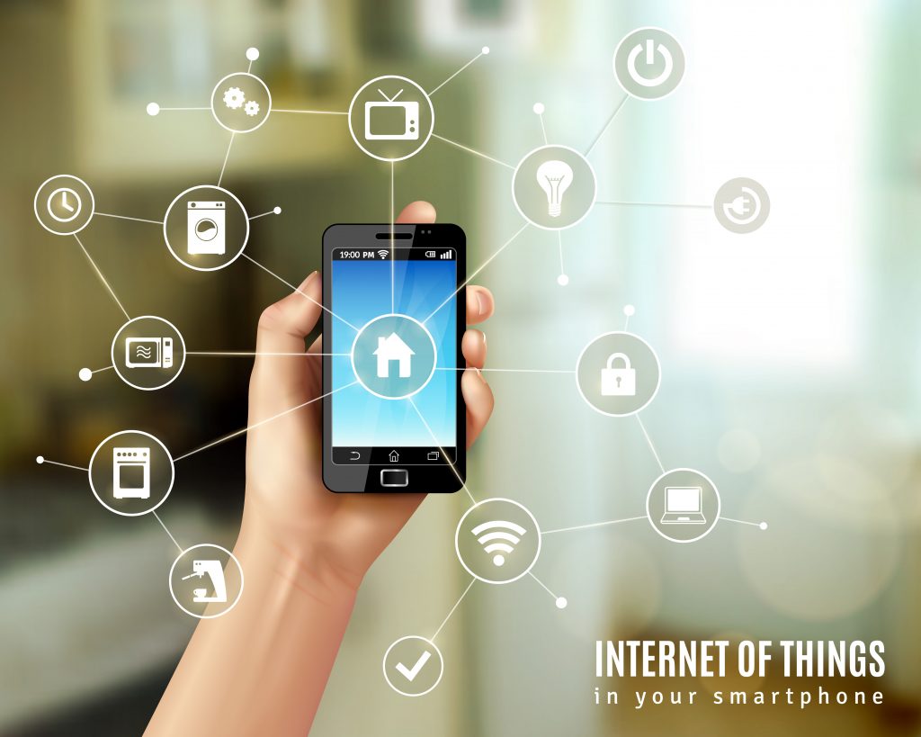 Internet of things concept with realistic human hand holding smartphone vector illustration