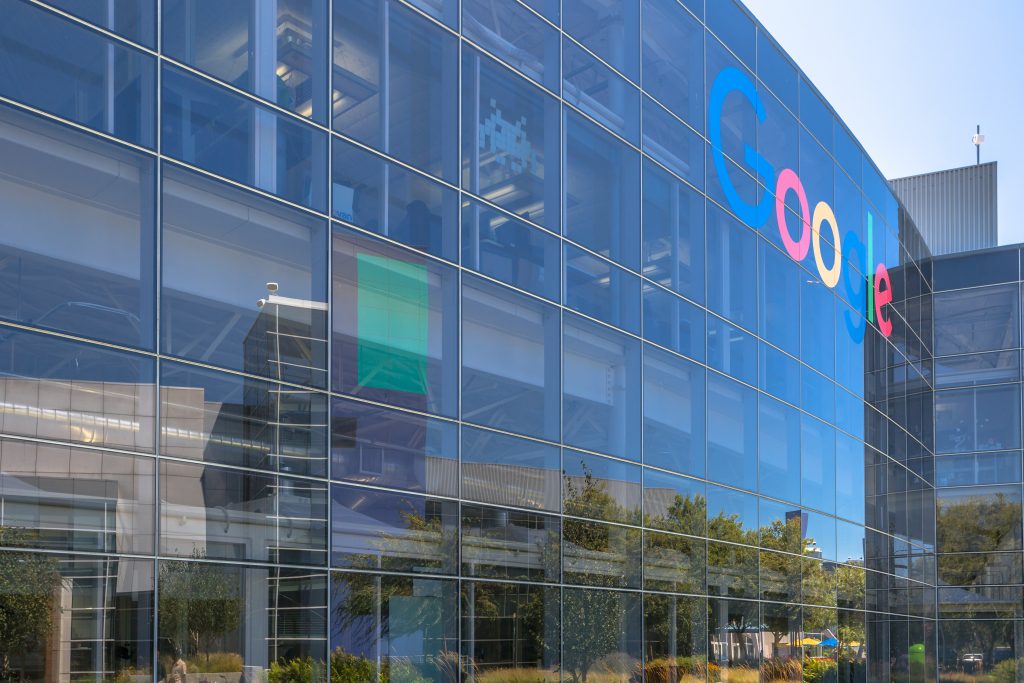 Mountain View, California, USA - August 15, 2016: close up of Google sign on one of the Google buildings. Exterior view of a Google headquarters building in Silicon Valley.