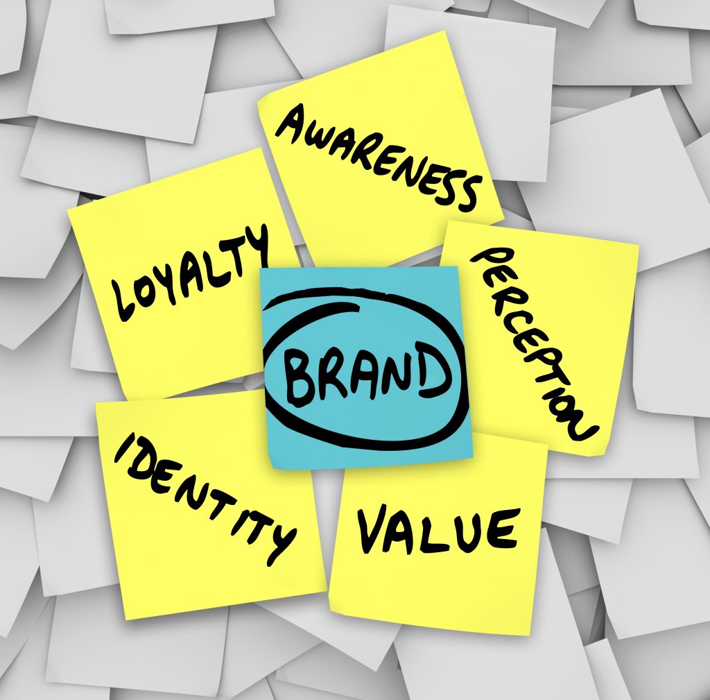 14783242 - the principicles of brand and branding written on sticky notes - value, identity, loyalty, awareness and perception