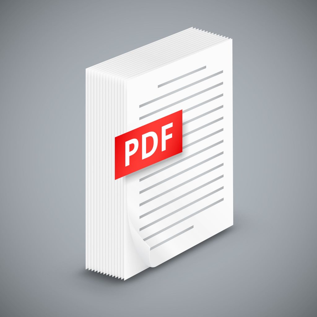 29255340 - pdf icon, big stack of white paper sheets with schematic text, stand on background