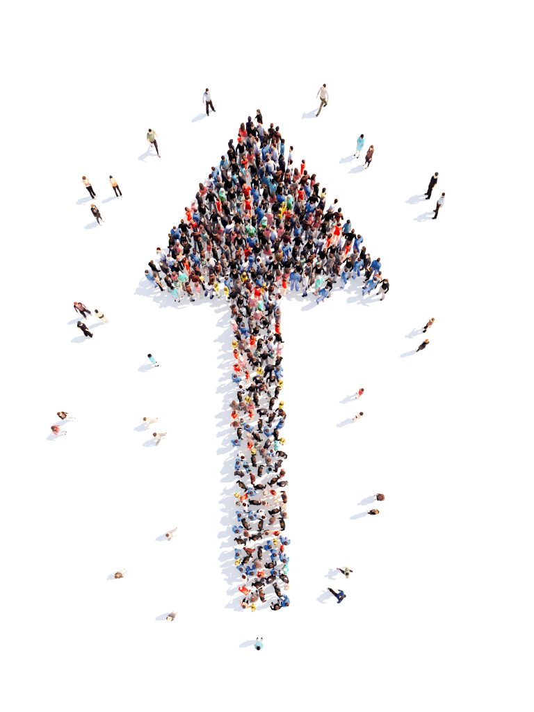 Large group of people in the form of arrows, business, and technology. Isolated, white background.