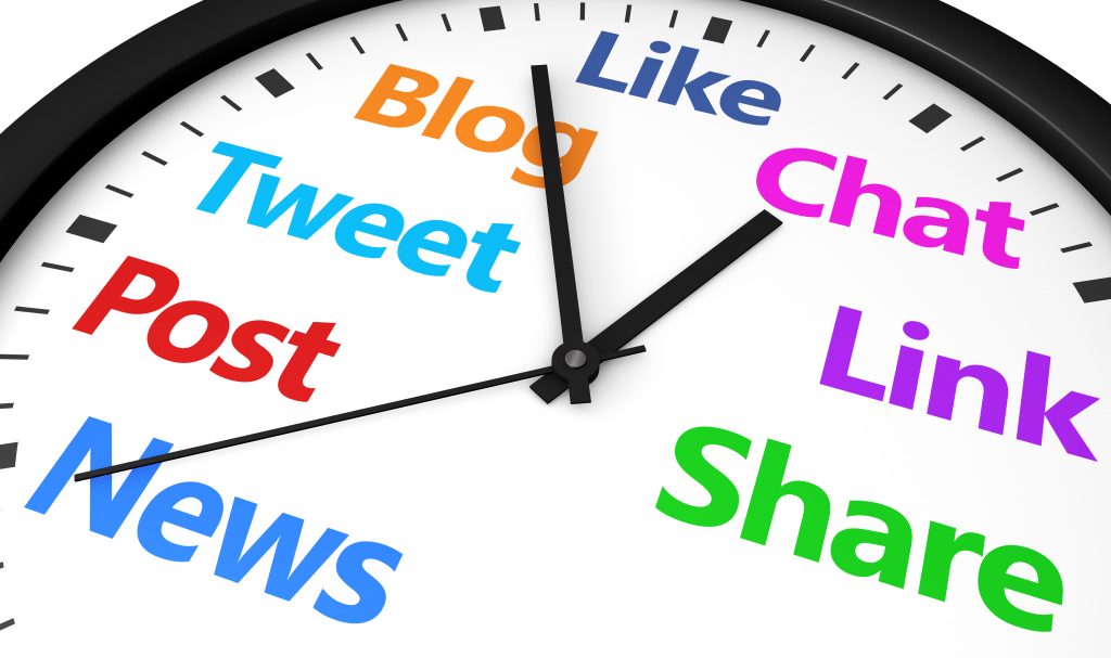 Social media marketing SMM time management and web strategy concept with a clock and social network word and sign printed in multiple colors 3d render image.