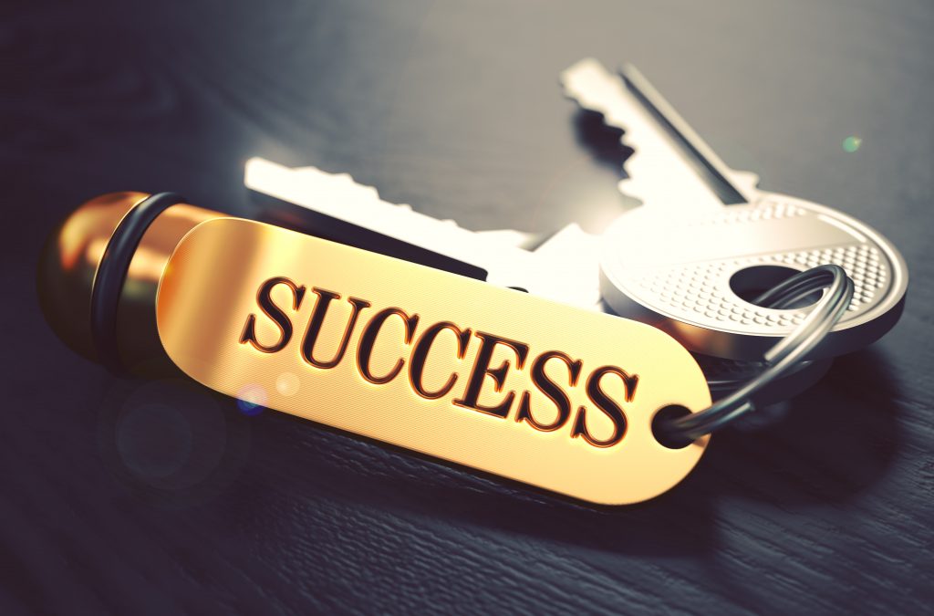 Keys to Success - Concept on Golden Keychain over Black Wooden Background. Closeup View, Selective Focus, 3D Render. Toned Image.