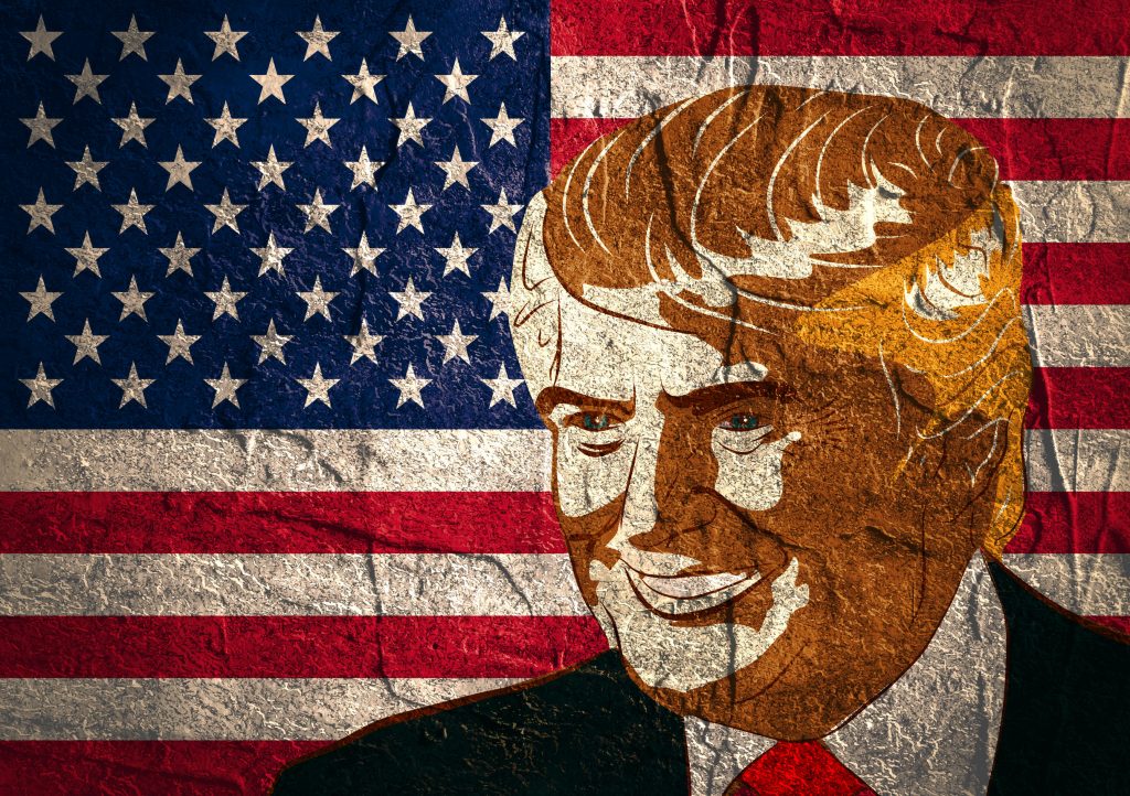 54013910 - january 18, 2016: an illustration of a portrait of republican presidential candidate donald trump on national flag background textured by concrete wall surface