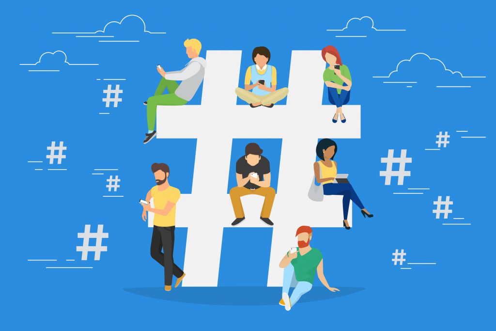 57533202 - hashtag concept illustration of young various people using mobile gadgets such as tablet pc and smartphone for hashtags sharing via internet. flat design of guys and women near big hashtag symbol