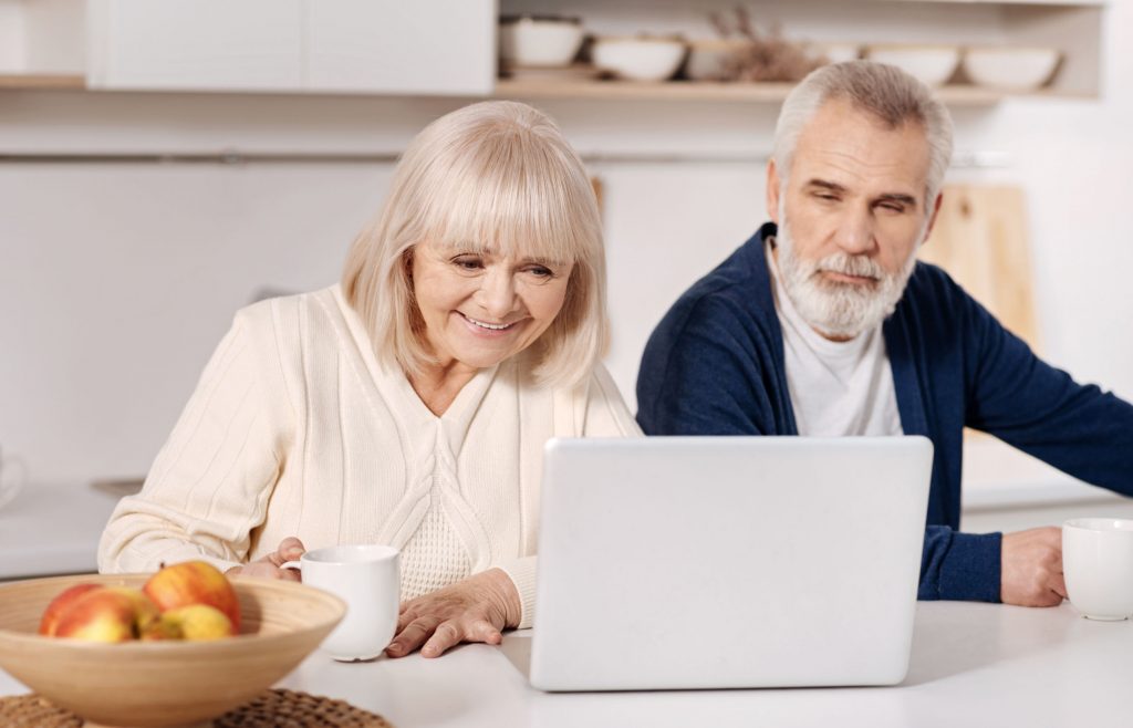 73797670 - delighted aged couple using laptop at home