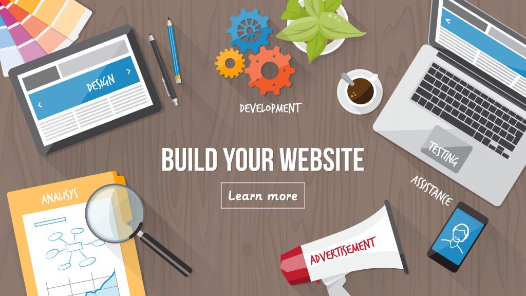 Web developer desk with computer, tablet and mobile, responsive web design and digital marketing concept